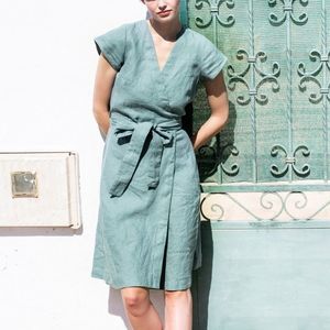 notPERFECTLINEN knee length wrap dress - light aqua linen
